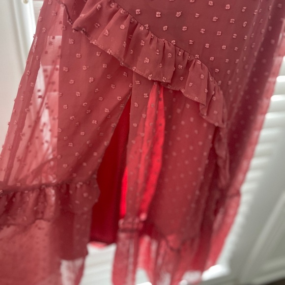 Lulu's Next to You Rusty Rose Swiss Dot Ruffled Midi Dress - Picture 9 of 12